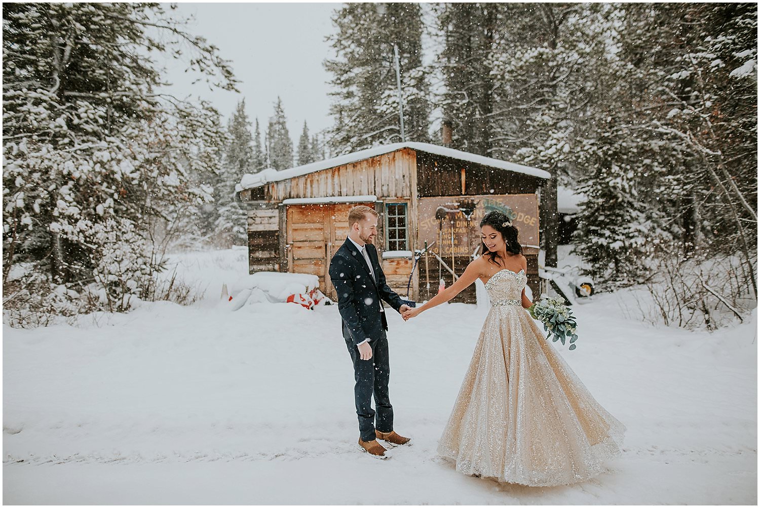 Elope in Banff. Bride and Groom during portraits at Storm Mountain Lodge. Banff Elopement Photographer. 