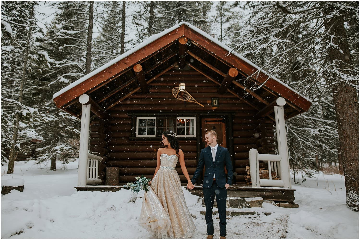 Elope in Banff. Bride and Groom during portraits at Storm Mountain Lodge. Winter elopement. Banff Elopement Photographer. 