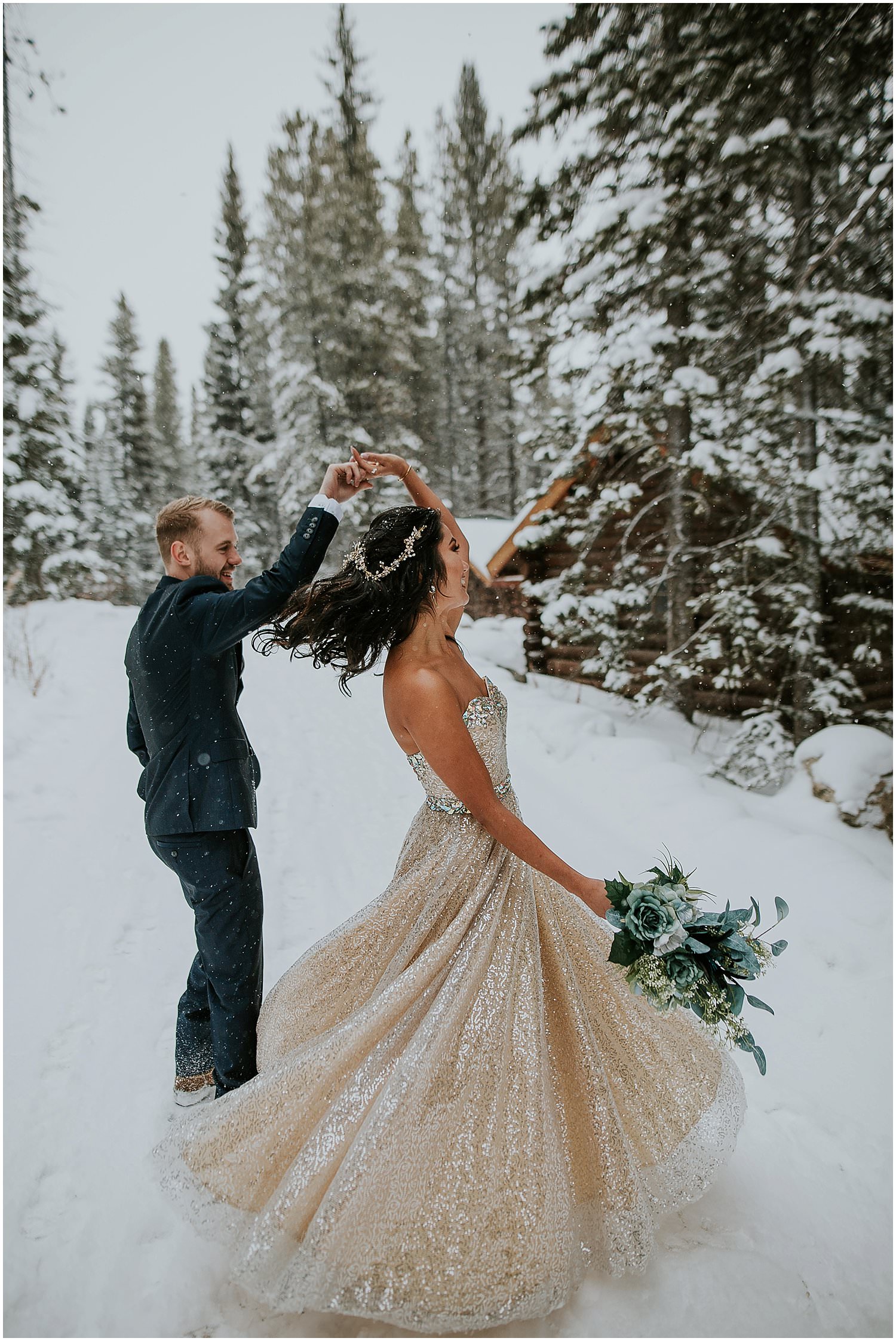 Bride + Groom during their winter elopement in Banff National Park at Storm Mountain Lodge. 