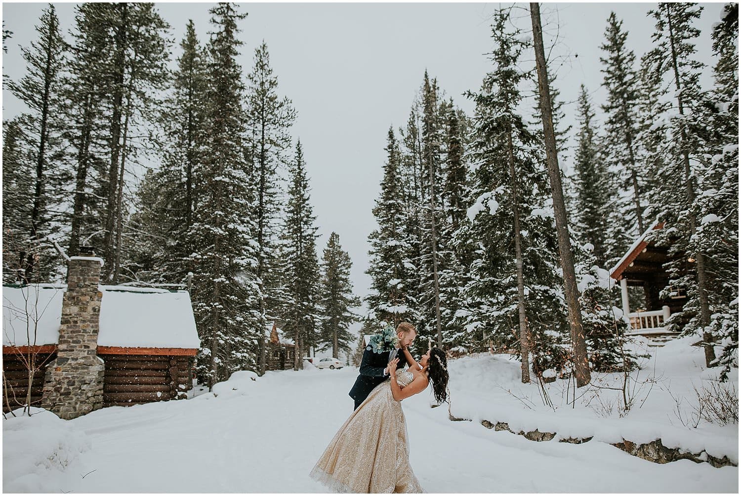 Bride + Groom during their winter elopement in Banff National Park. 