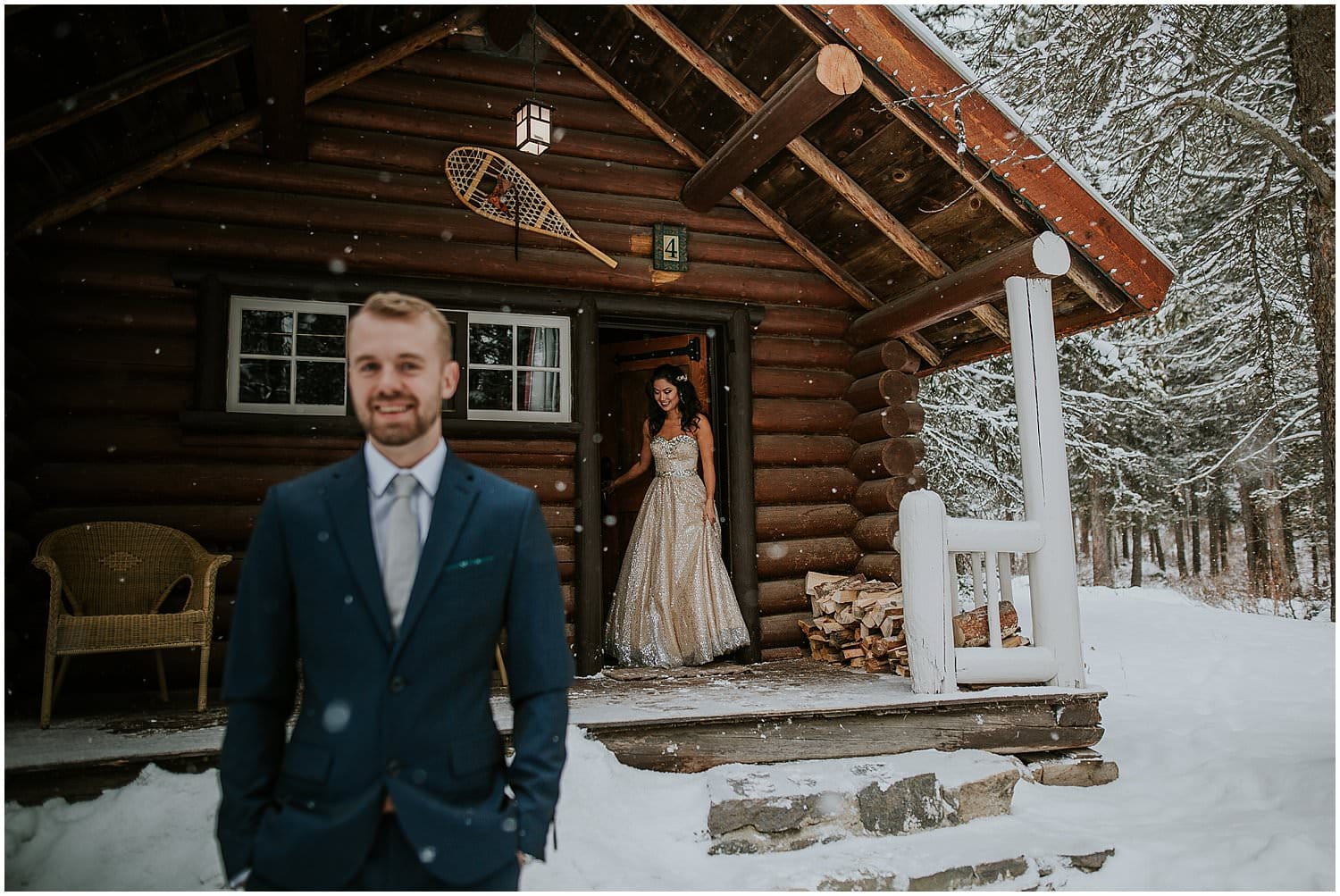 Banff Elopement Photographer. Elope in Banff.  First Look at Storm Mountain Lodge. 